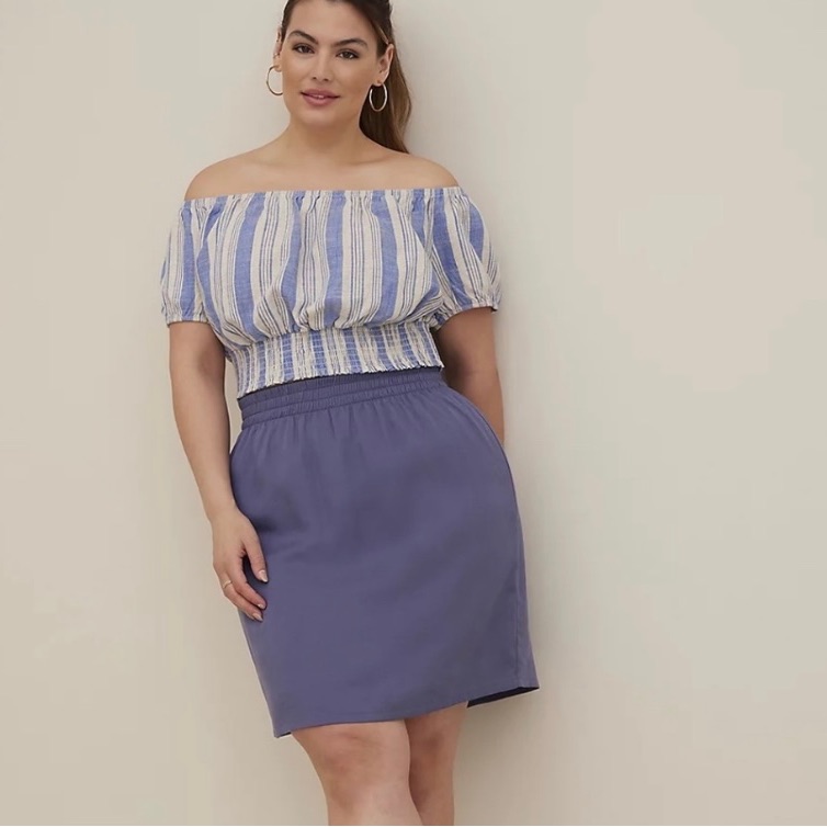 Torrid Linen Blend Smocked Waist Off Shoulder Crop Top Size 1 (12/14)